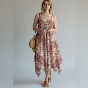 Bohemian Red and Cream Handkerchief Midi Dress